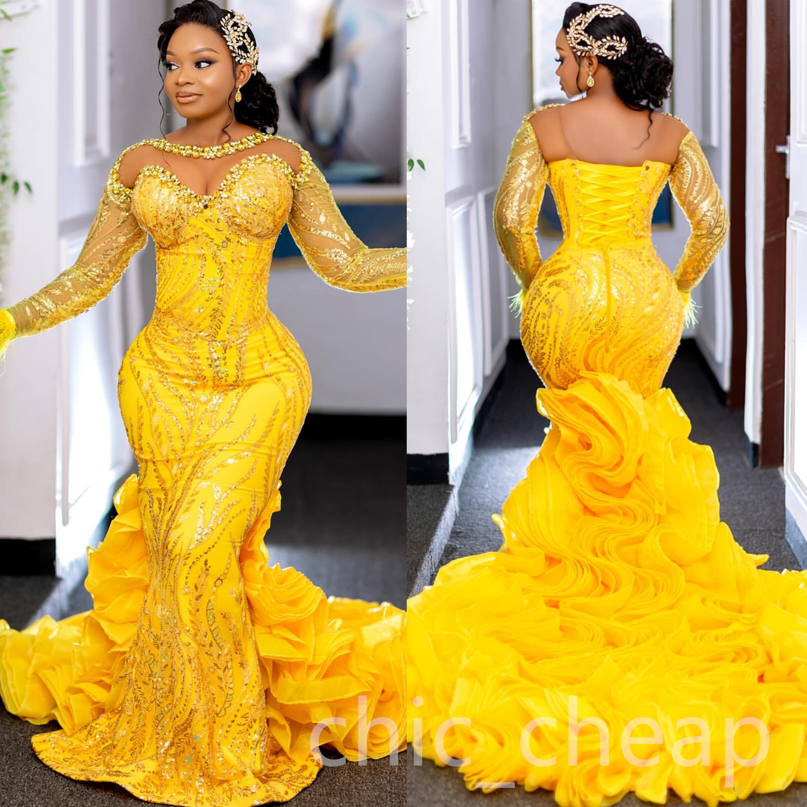2024 Aso Ebi Plus Size Yellow Mermaid Prom Dress Lace Crystals Evening Formal Party Second Reception 50th Birthday Engagement Thanksgiving Gowns Dress