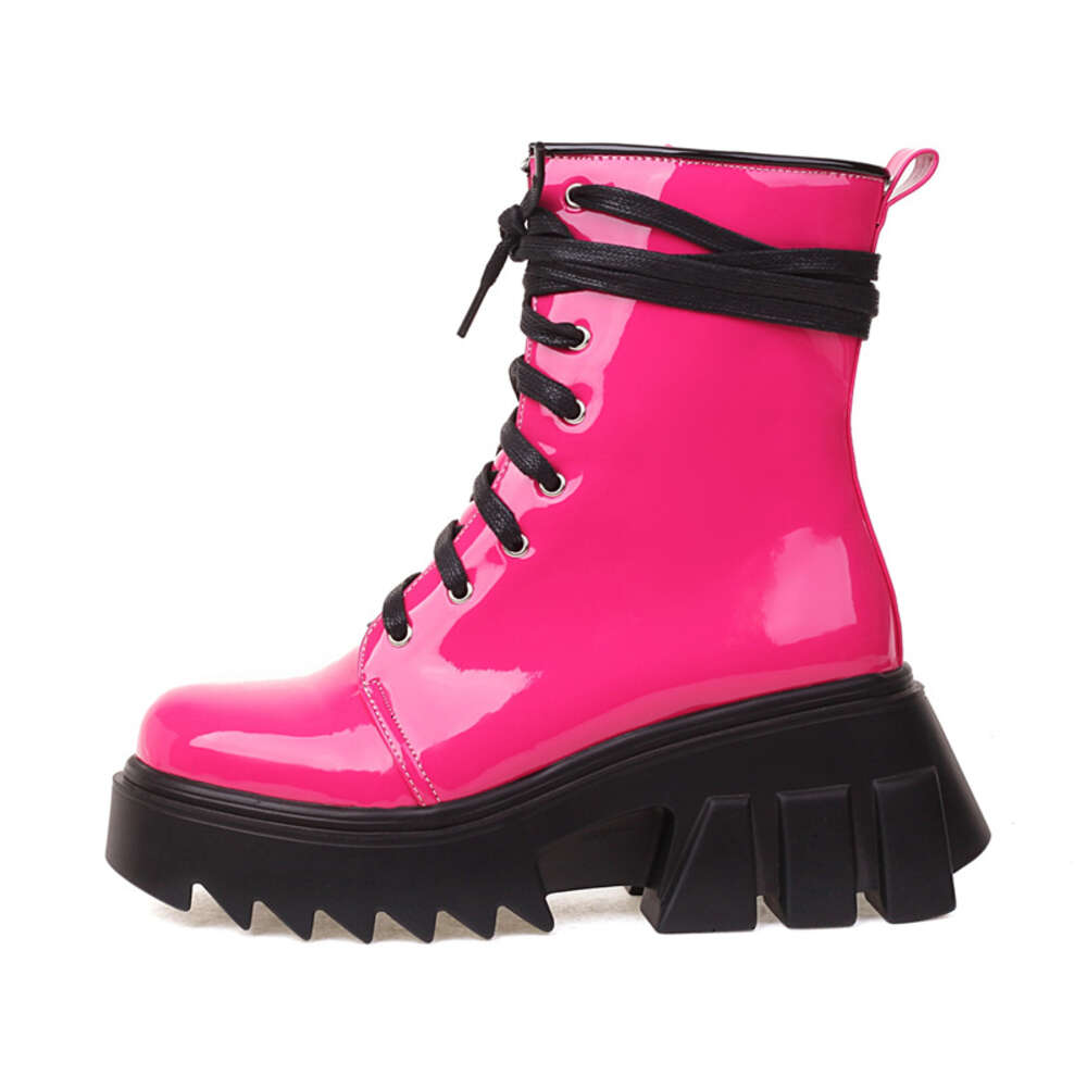 YMECHIC Yellow Lace-Up Patent Leather Combat Boots For Women Thick Bottom Platform Wedge Heels Shoes Ladies Autumn Winter 2022