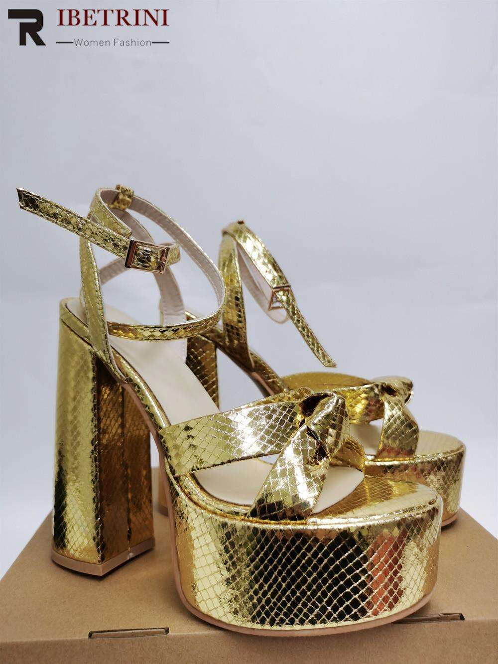 Gold Heels For Women Bow Knot Metalic Fashion Chunky Block Heel Ankle Strap Platform Sandals 2023 Summer New