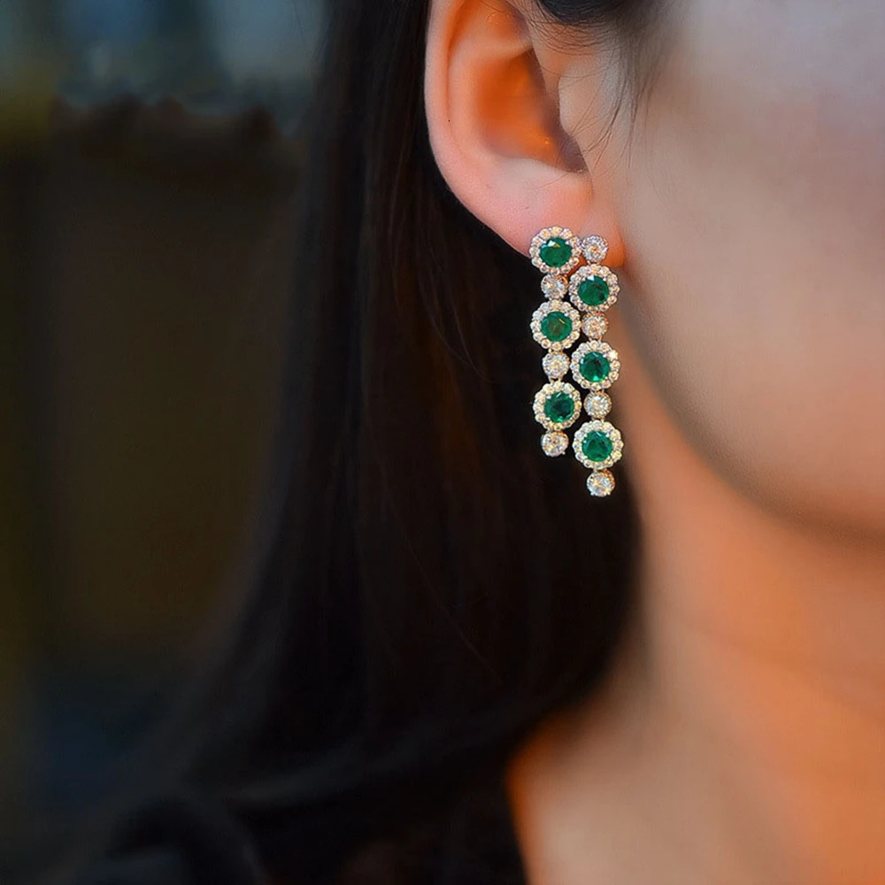 Wong Rain 925 sterling silver round cut jadeite high carbon diamond gemstone double row tassel pendant earrings 240523