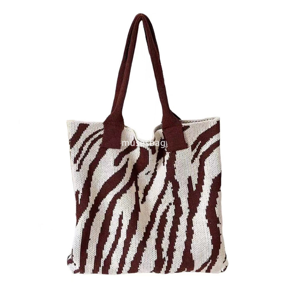 High quality new fashionable knitted bag woven bag black and white striped large capacity tote bag Bohemian shoulder bag women bag