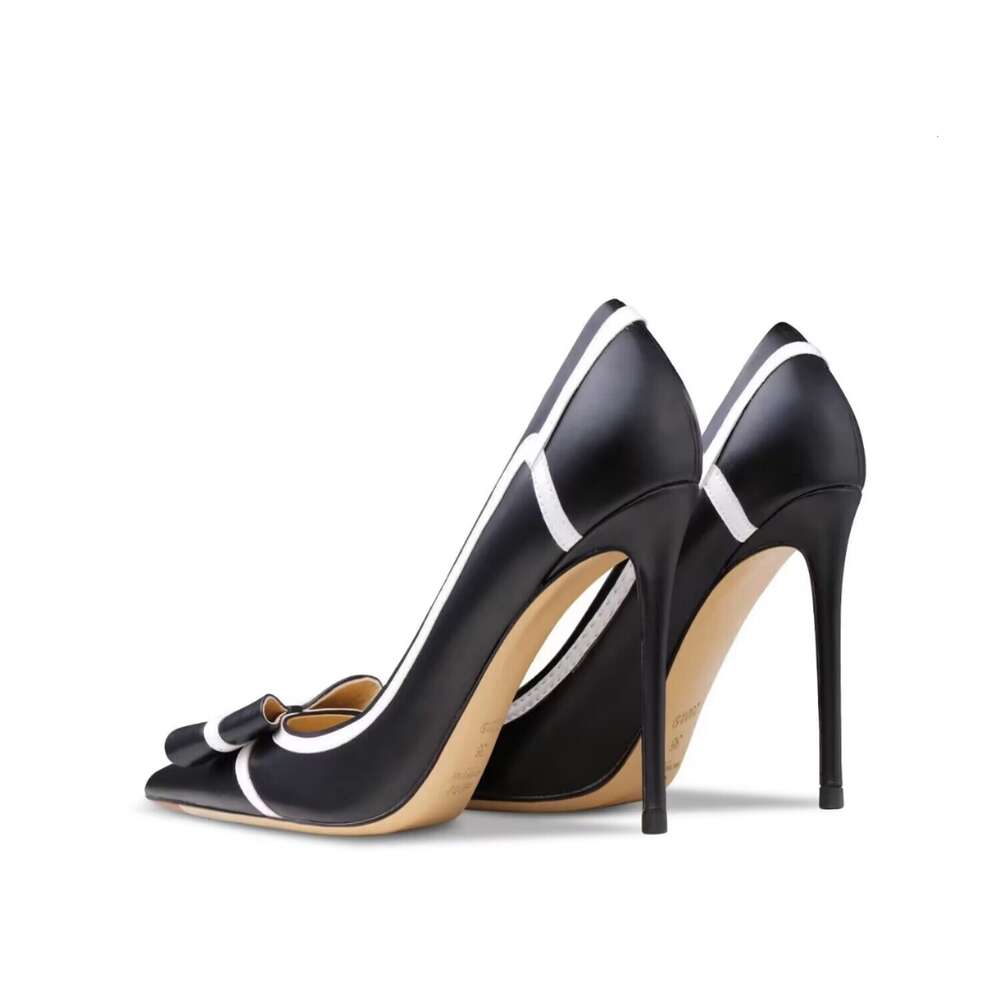 Genuine Leather Black Bow High Heels For Women's 2023 New Slim Heeled Pointed Shallow Cut French Sexy Color Matching Single Shoe