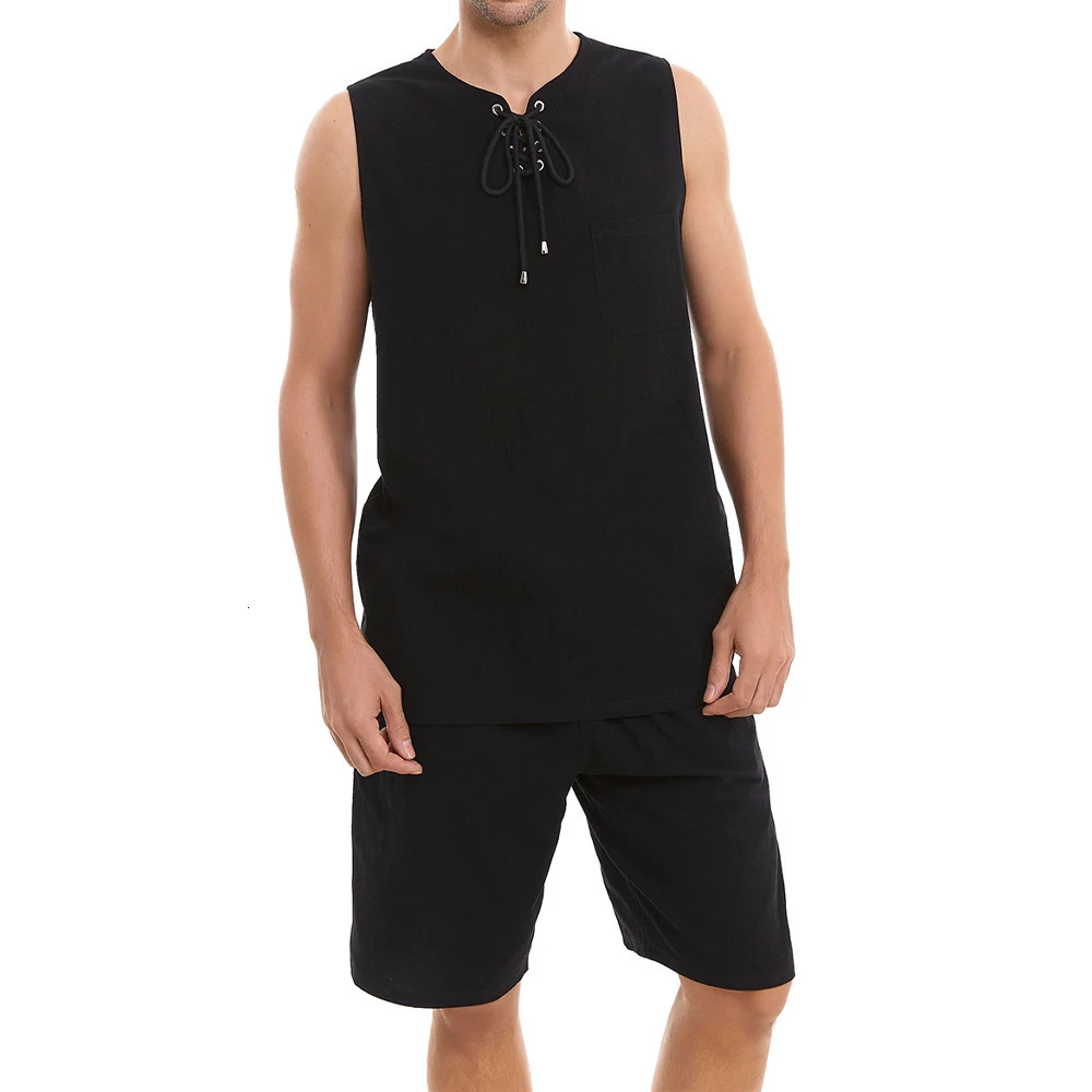 Summer Cotton Linen Shirt Set Mens Casual Outdoor 2-Piece Suit Andhome Clothes Pajamas Comfy Breathable Beach Short Sleeve Sets 240530