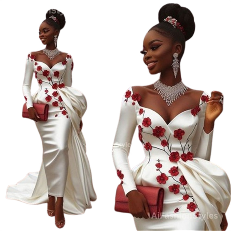 Amazing Aso Ebi Mermaid Wedding Dresses With Overskirt Train Off Shoulders Long Sleeve Silk Satin Flowers Country Civil Bridal Gowns African Boho Grec