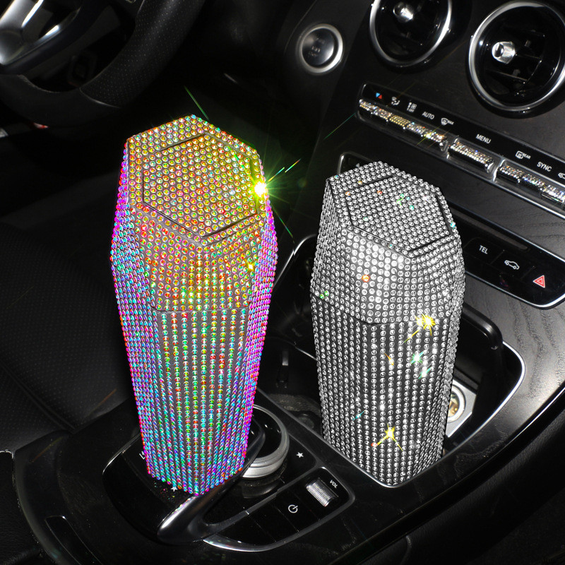 The Cheapest Bling Car Trash Garbage Bin Rhinestone Trash Bin with Lid Mini Storage Box for Home Office