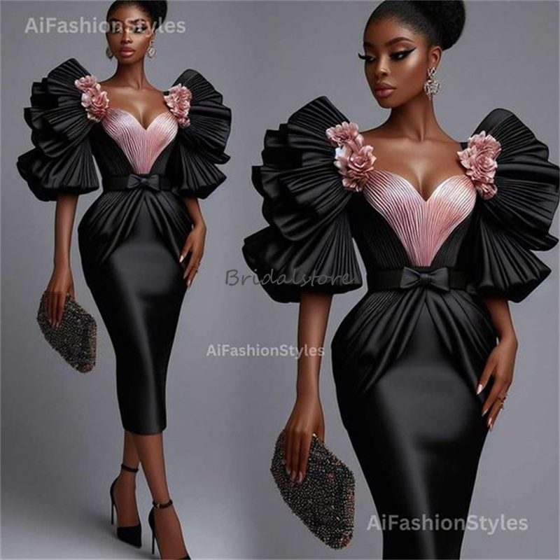 Stunning Aso Ebi Short Prom Dresses 2024 Elegant Tea Length Nigeria African Evening Dress Short Sleeves Pleated Satin Homecoming Cocktail Dress Formal