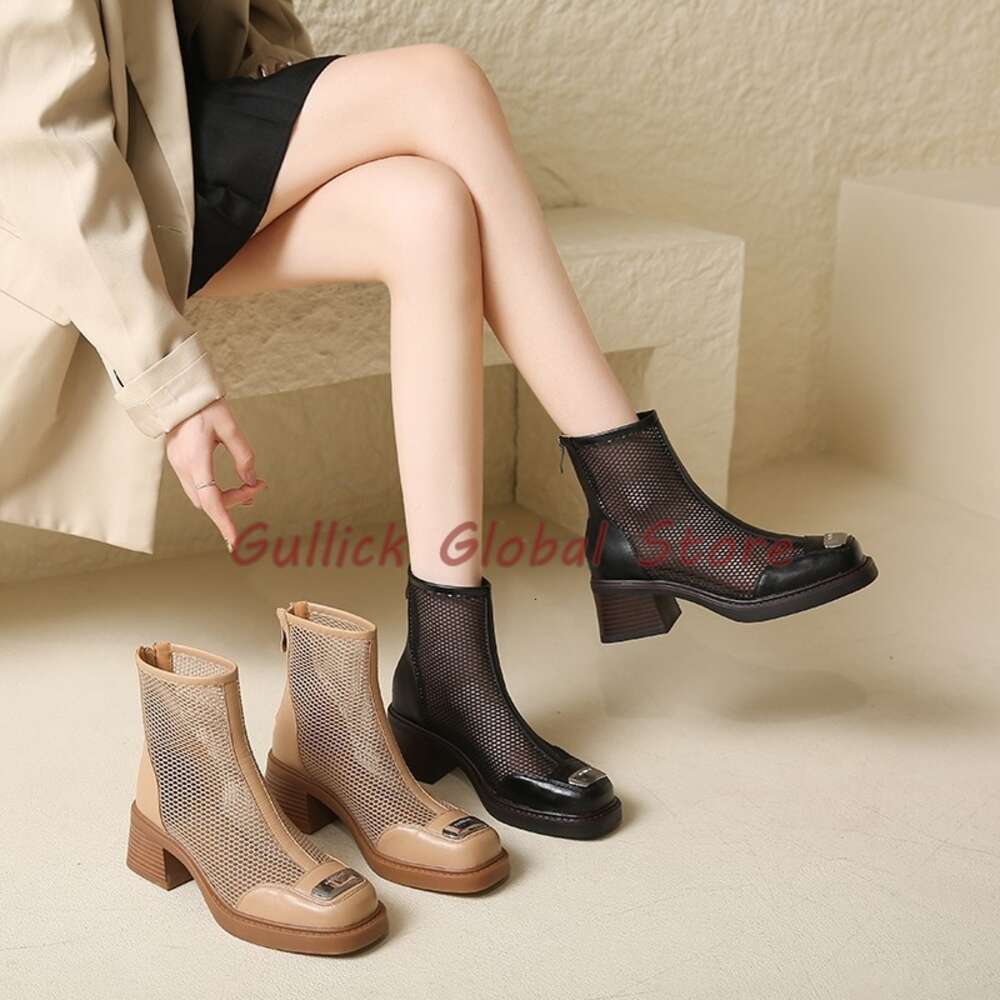 2024 New Style Mesh Round Toe Metal Decoration Ankle Boots Handmade Zipper Summer Casual Concise Breathable Cosy Comfortable