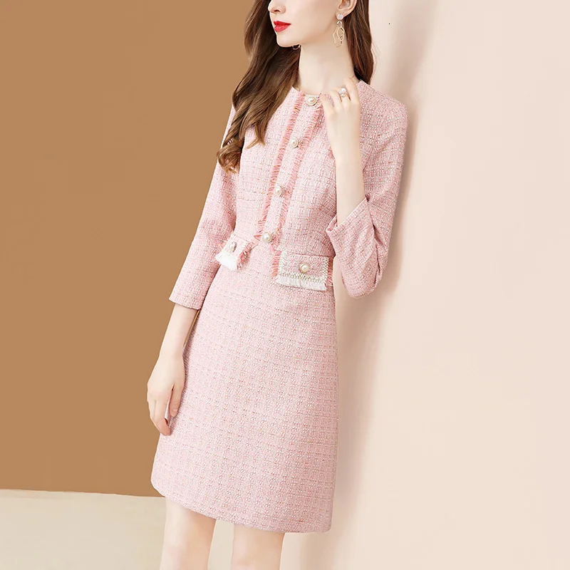 EVNISI Pink Spring Women Dress Knitted Elegant Bodycon Dresses Wrist Sleeve Tweed Patchwork For Women Office Vestidos 240529