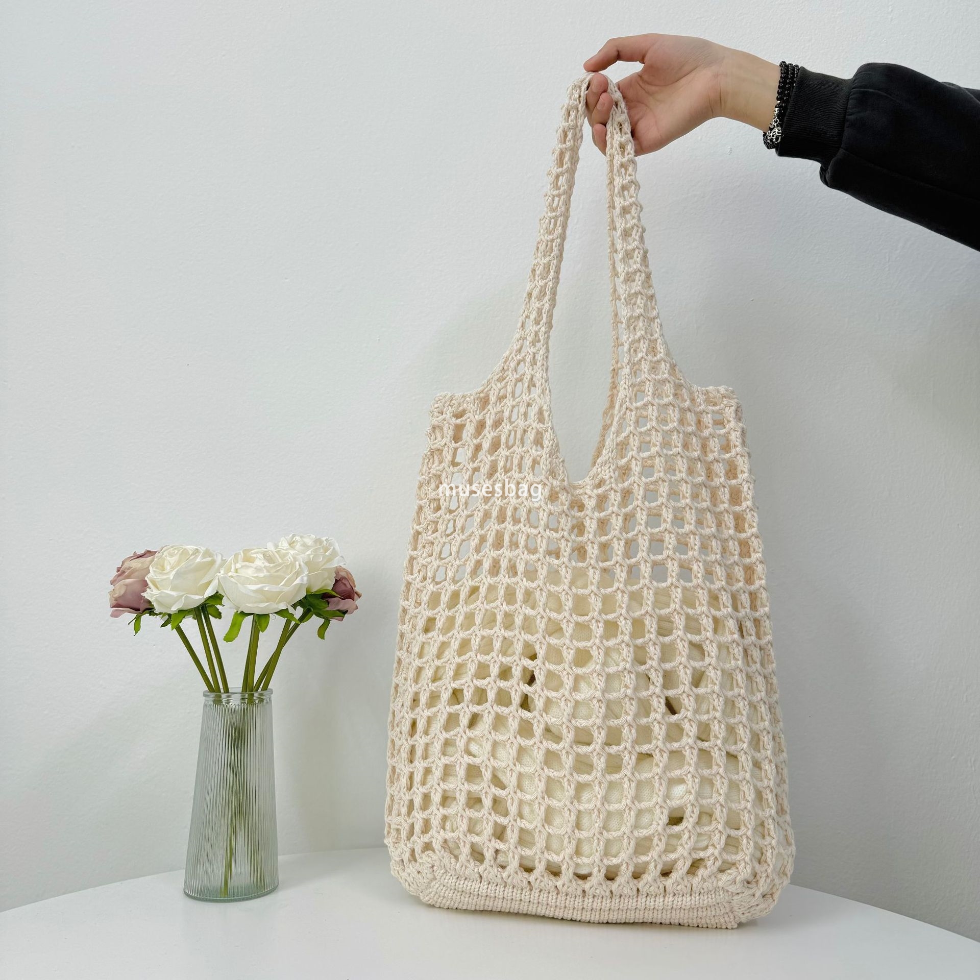 New Knitted Handbag Japanese and Korean Tote Bag Travel Shopping Bag Knitted Bag Hollow Bag Beach Bag Woven Bag for Women