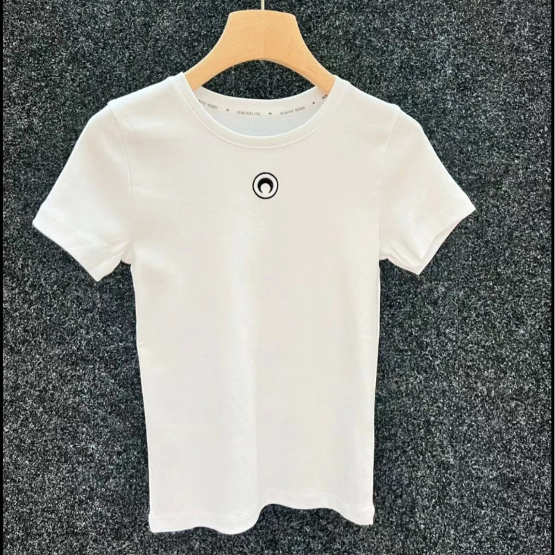 Women's T-Shirt Summer Solid Color Round Neck Inner Moon Embroidered Short-slved T-shirt Tops 2024 Women New Style H25116