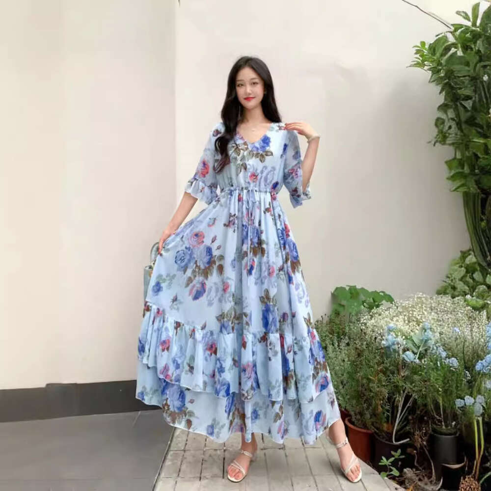 Summer New Ruffle Edge Style Fragmented Flower Slim Fit Waist Slimming Lace up Chiffon Short Sleeve Long Dress Vacation