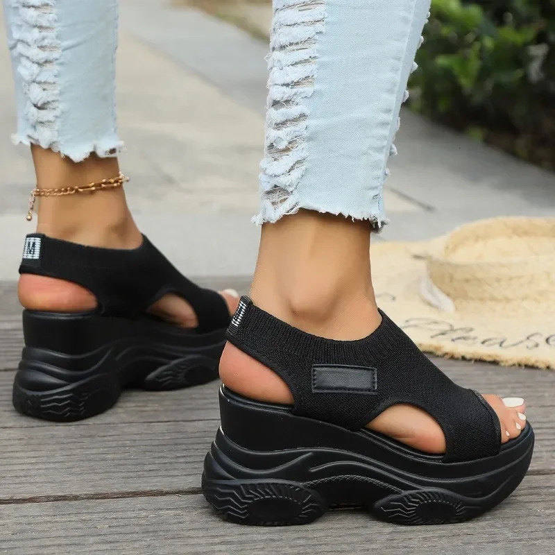 Womens Sandals Summer Wedge Heel Elastic Cloth Cover Foot Ladies Sandals Thick-soled Fashion Trifle Elevation Casual Shoes 240528