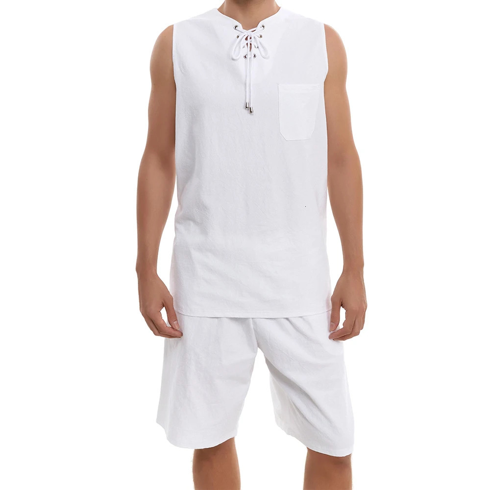 Summer Cotton Linen Shirt Set Mens Casual Outdoor 2-Piece Suit Andhome Clothes Pajamas Comfy Breathable Beach Short Sleeve Sets 240530
