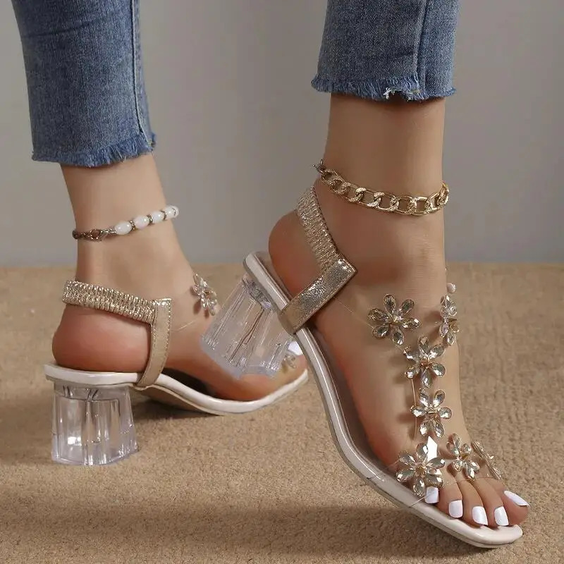 Rhinestone Transparent Heel Sandals For Women Summer High Heels 6cm Square Heel Open Toe Sandals Woman Wedding Dress Shoes 42 240528