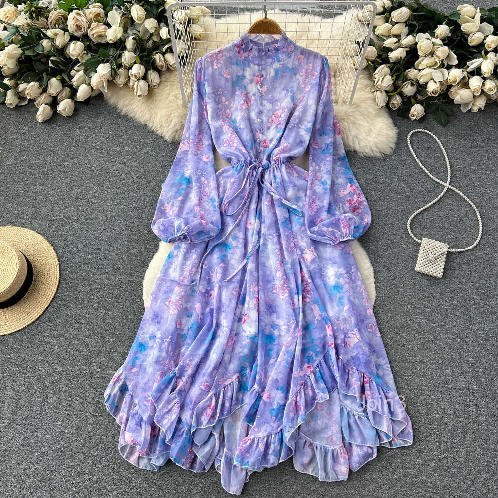 European style lantern sleeve floral dress for women with spring drawstring waist long sleeved ruffled edge fairy long skirt