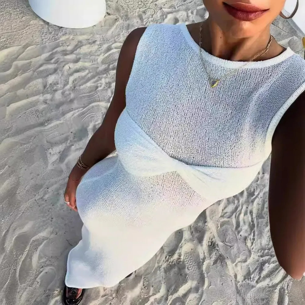 White Knitted Long Dress Women Sexy See Through Slim Beach Dress Summer Elegant Fashion Sleeveless Holiday Outfits Pink 240530