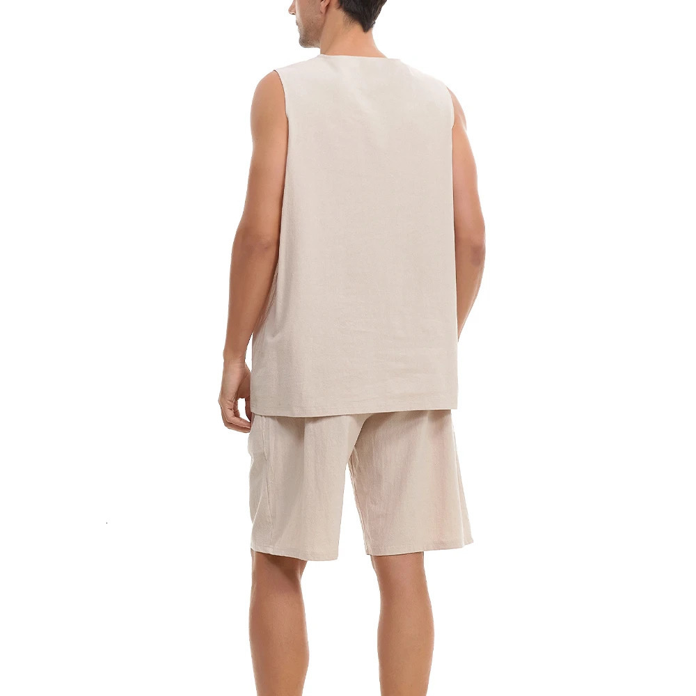 Summer Cotton Linen Shirt Set Mens Casual Outdoor 2-Piece Suit Andhome Clothes Pajamas Comfy Breathable Beach Short Sleeve Sets 240530