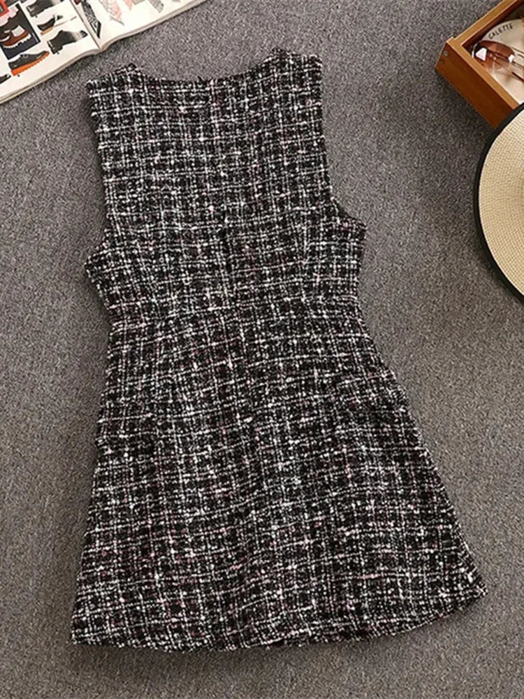 Autumn Winter 2 Piece Set Overalls Dress Women Elegant Ruffles Chiffon Bow Shirt TopDouble Breasted Plaid Tweed Vest Dress 240529