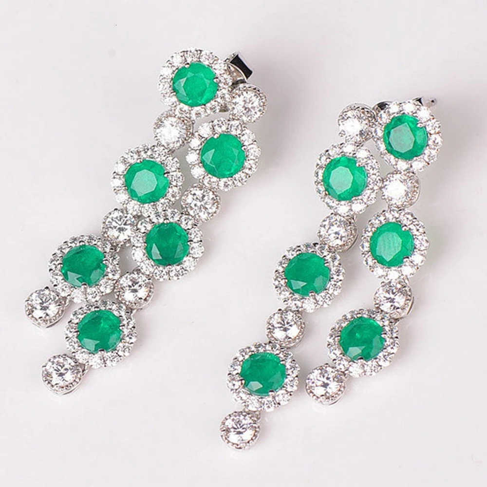 Wong Rain 925 sterling silver round cut jadeite high carbon diamond gemstone double row tassel pendant earrings 240523