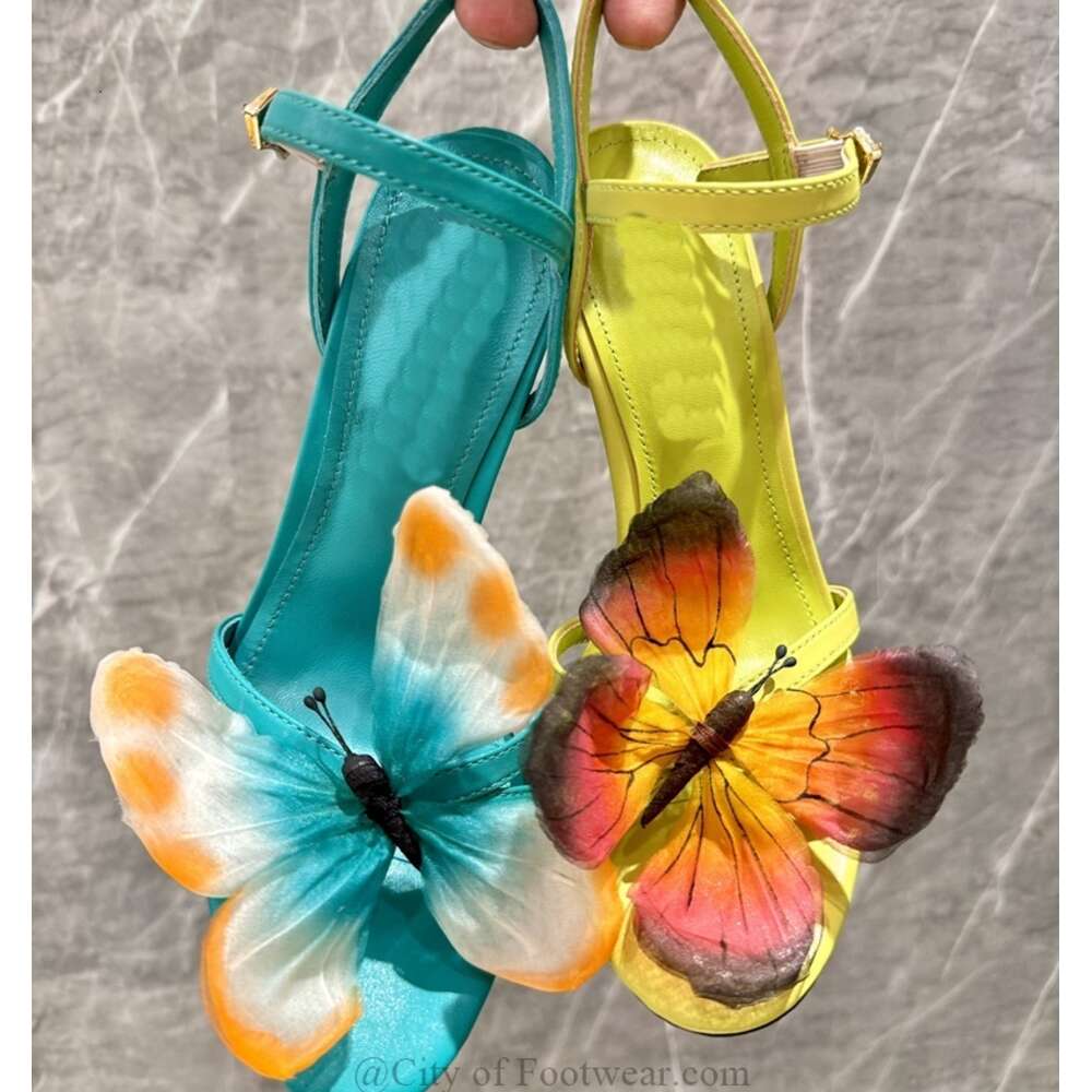 designer shoes Butterfly Flower Real Leather Sandals Women Summer Blue/Green Ankle Strap Thin High Heels Designer Party Vintage Shoes