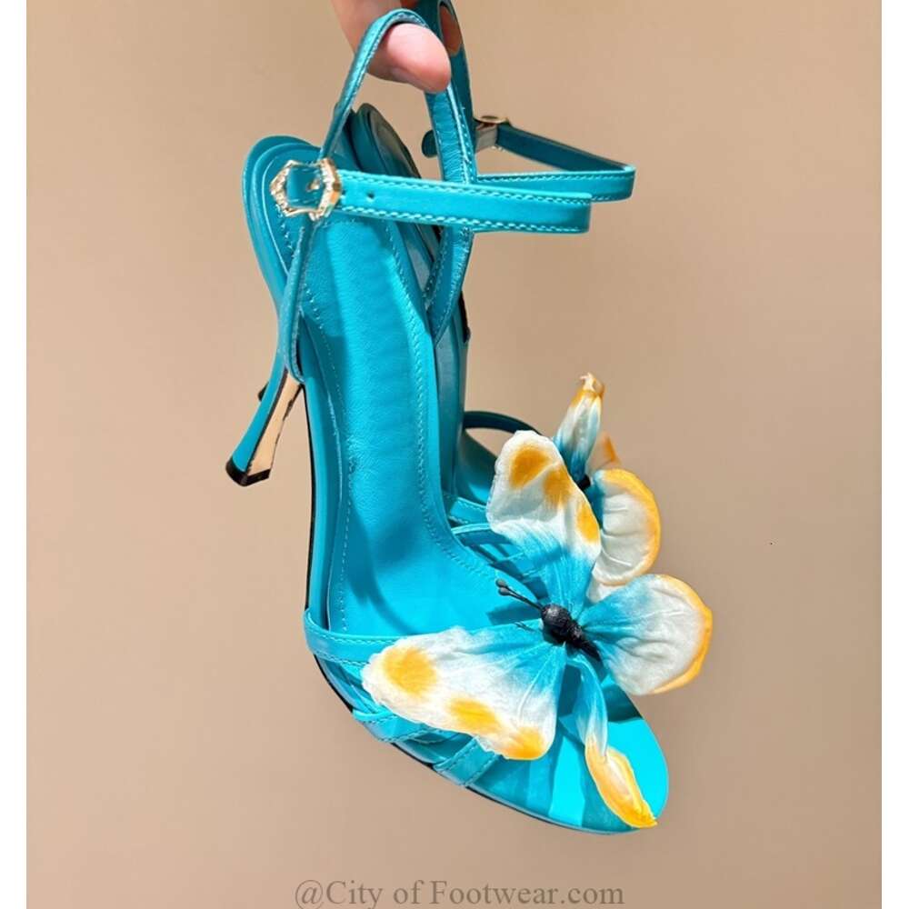 designer shoes Butterfly Flower Real Leather Sandals Women Summer Blue/Green Ankle Strap Thin High Heels Designer Party Vintage Shoes