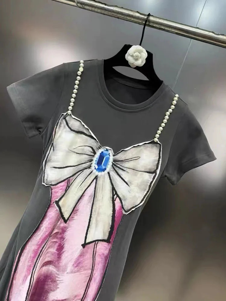 DEAT Items Fashion Womens Pearl Bow Printed Split Dress 2024 Spring Fashion Round Neck Short Sleeve Womens 11XX8890 240516 - view 5