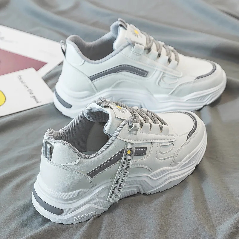 Running Shoes Fashion Platform Autumn PU Leather Woman Thick Sole Casual Sneakers Youth Girls Students Trainers Lace-up