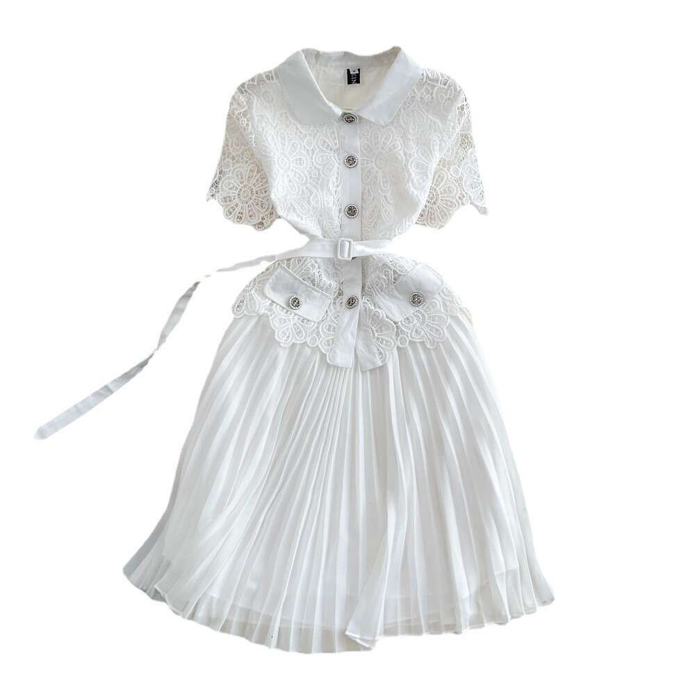 Summer luxury and socialite temperament short sleeved lapel with lace patchwork slim waist A-line pleated dress for women