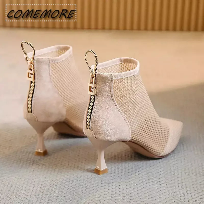 2024 Women's Mesh Sandals Boots Sexy Summer High Heels Holllow Out Breathable Casual Shoes Ankle Botas Back Zip Pointed Toe 240620