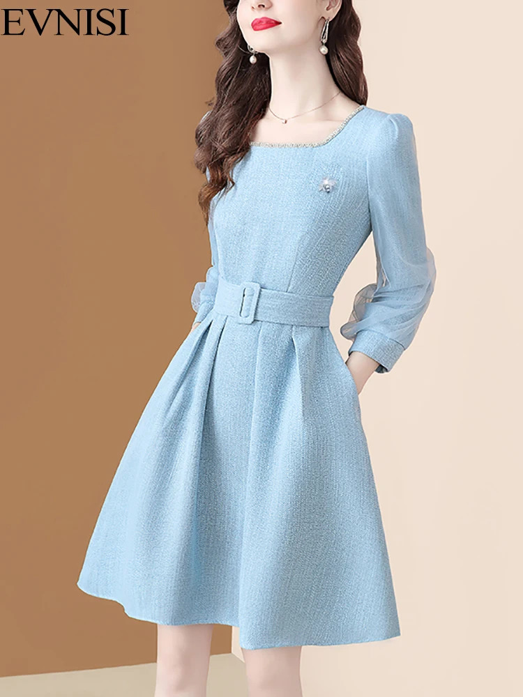 EVNISI Elegant Solid Tweed Dress With Belt Women Square Collar Diamonds Shiny Bee Brooch Vintage Dresses Office Lady Vestidos 240529