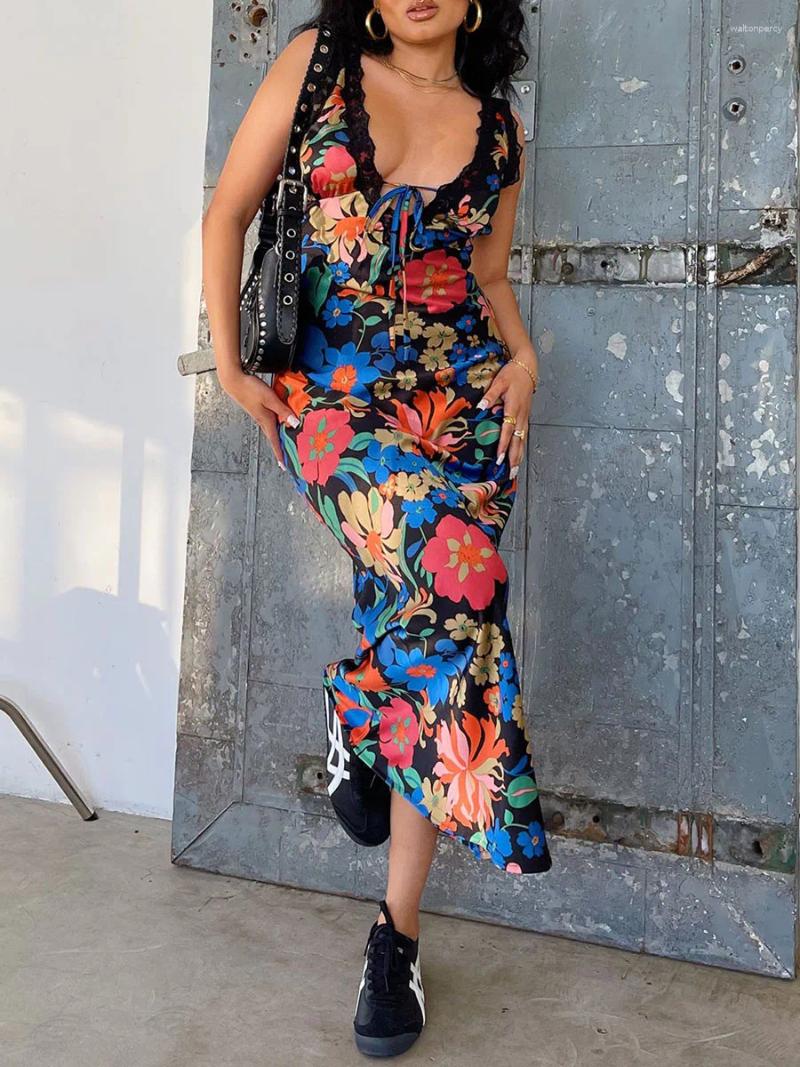 Casual Dresses Women Floral Lace Sleeveless Y2k Long Dress Deep V Neck Boho Print Maxi Summer Party Sundress