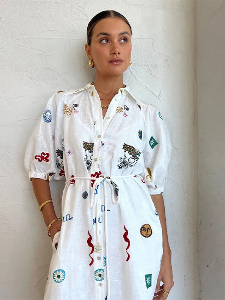 Women Chic Graffiti Print Lace Up Midi Dress Elegant Lapel Lantern Short Sleeve Dresses Female Casual Vacation Vestidos 240603