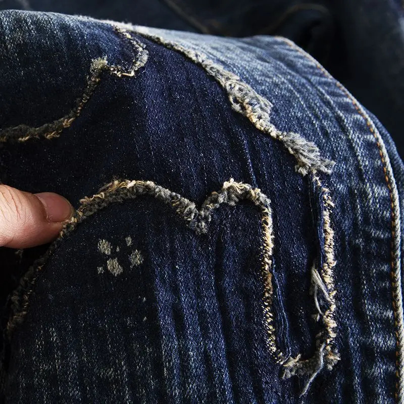 Mens jeans pleated tapered mens jeans with perforations Trousers Brooken Torn 90s streetwear Y2k 2000s casual 240524