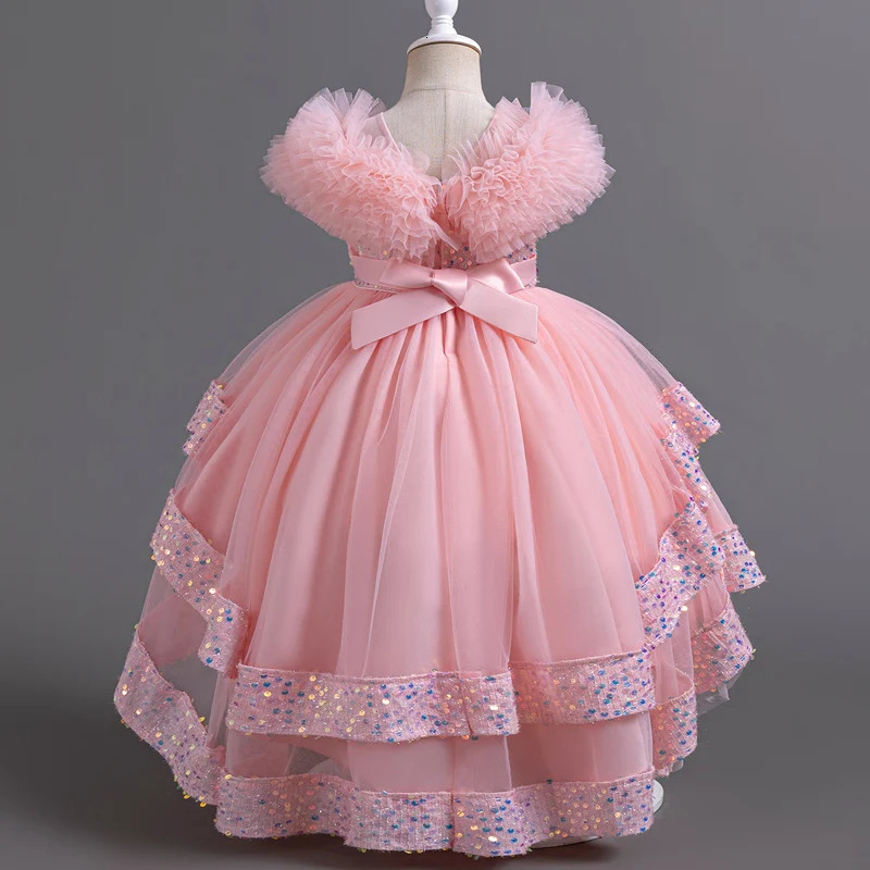 A127 Baby Girls Trailing Dress Princess Party Dress Flower Elegant Wedding Gown Big Bow Birthday Kids Dresses For Girls Children 240531