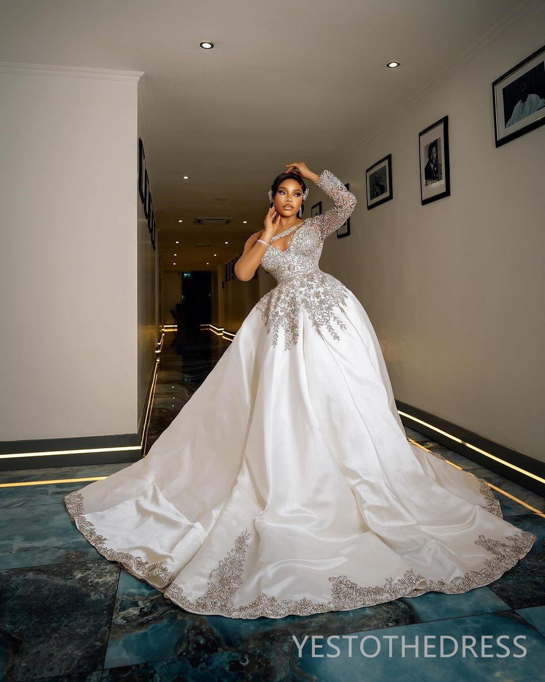 R&W 2024 African Dress Bridal for Bride Illusion Sheer Neck Long Sleeves Appliqued Beaded Rhies Crystals Satin Wedding Gowns For Marriage D267