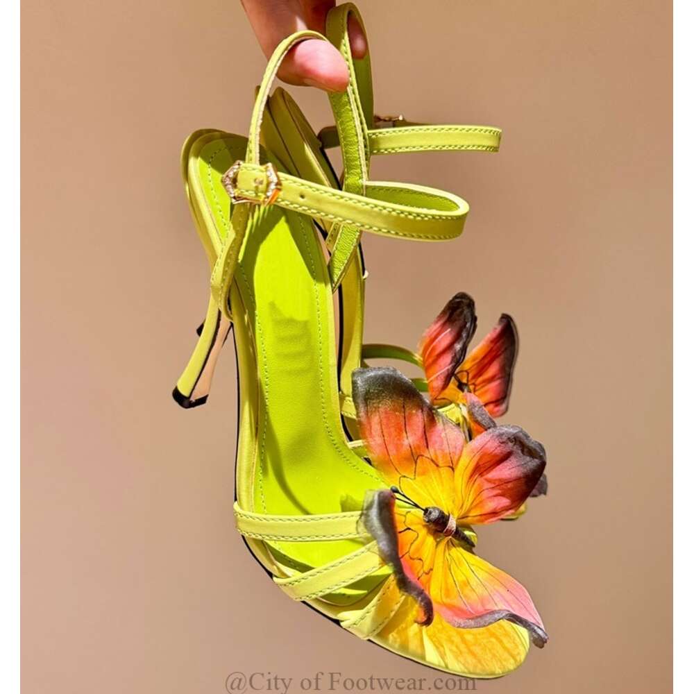 designer shoes Butterfly Flower Real Leather Sandals Women Summer Blue/Green Ankle Strap Thin High Heels Designer Party Vintage Shoes