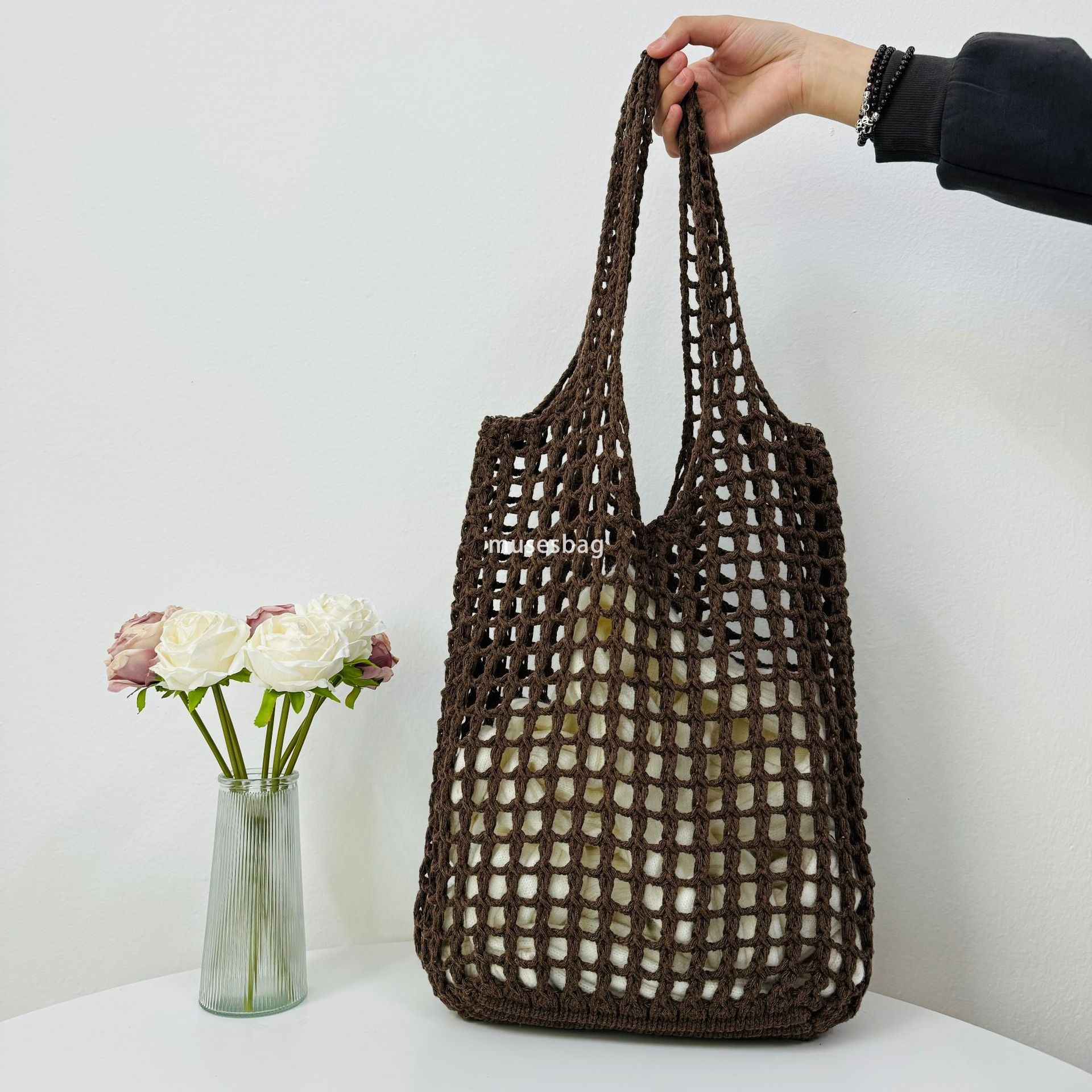 New Knitted Handbag Japanese and Korean Tote Bag Travel Shopping Bag Knitted Bag Hollow Bag Beach Bag Woven Bag for Women
