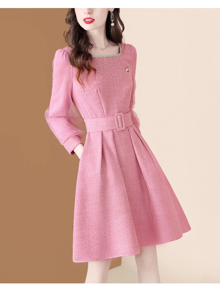 EVNISI Elegant Solid Tweed Dress With Belt Women Square Collar Diamonds Shiny Bee Brooch Vintage Dresses Office Lady Vestidos 240529