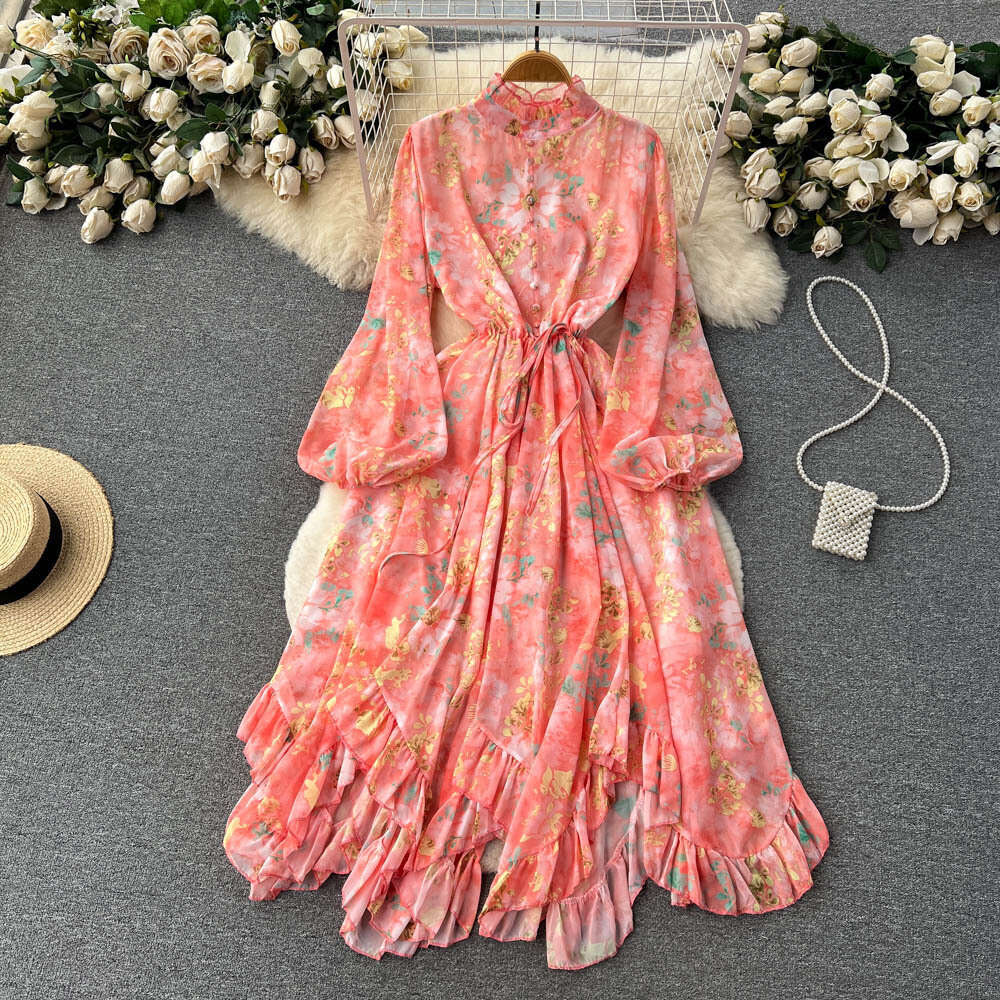 European style lantern sleeve floral dress for women with spring drawstring waist long sleeved ruffled edge fairy long skirt