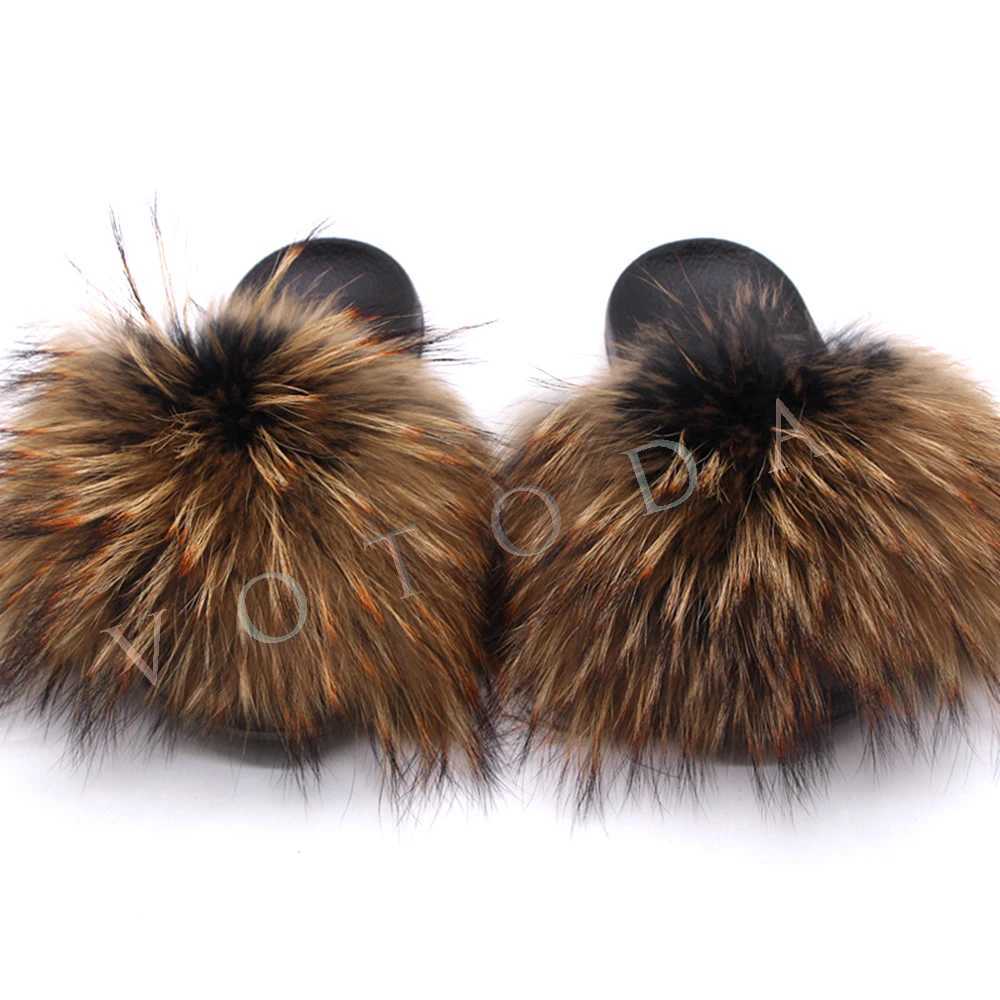 designer sandals Summer Women FurroomWoman Fluffy Raccoon Fox Fur Slides Female Furry Outside Flat Flip Flop Ladies Rainbow Slip On SandalsL464