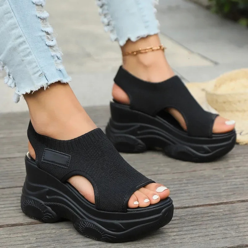 Womens Sandals Summer Wedge Heel Elastic Cloth Cover Foot Ladies Sandals Thick-soled Fashion Trifle Elevation Casual Shoes 240528