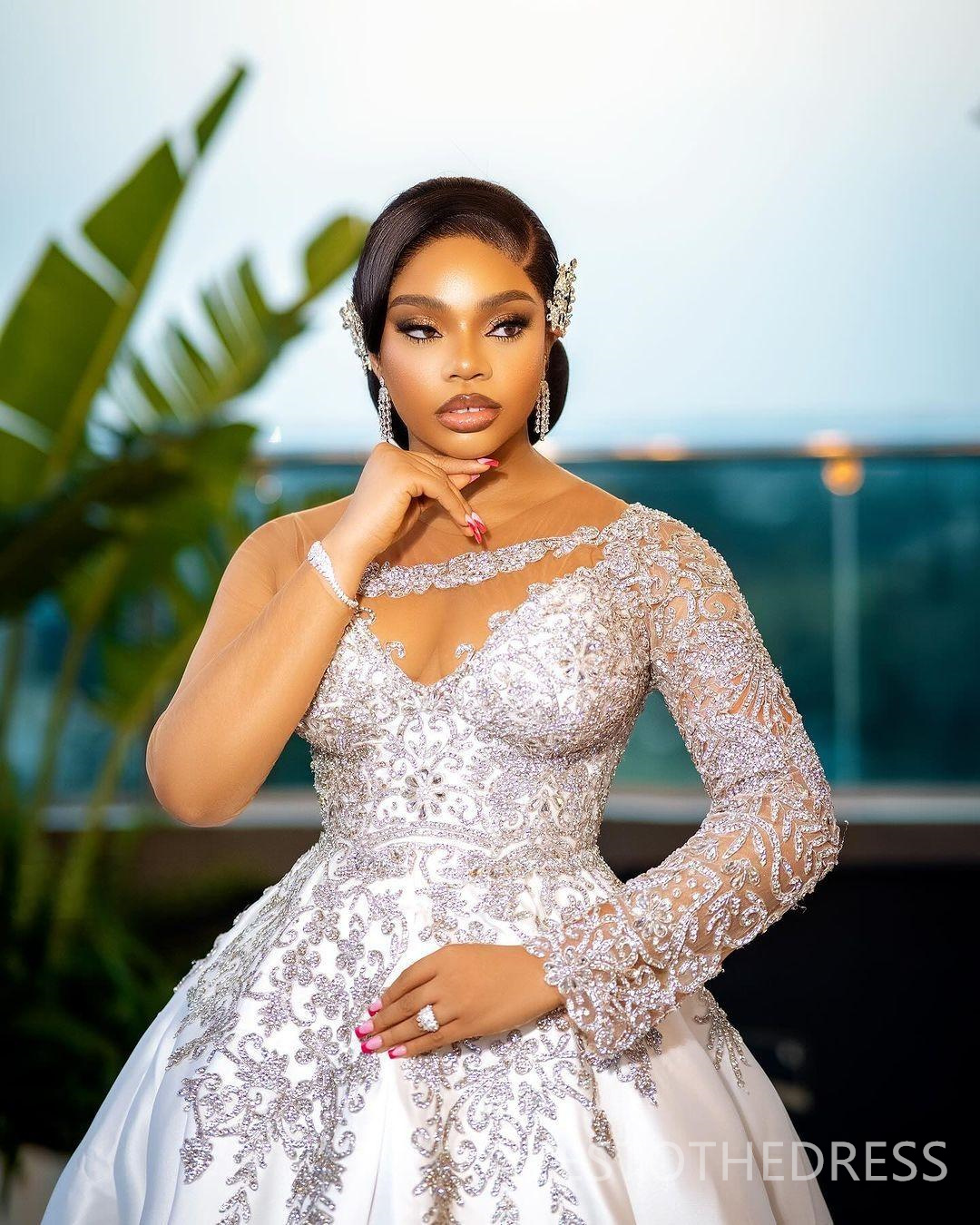 R&W 2024 African Dress Bridal for Bride Illusion Sheer Neck Long Sleeves Appliqued Beaded Rhies Crystals Satin Wedding Gowns For Marriage D267