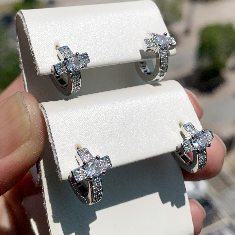 Hip Hop Sier Cross Hoop Earrings | High-Quality Cubic Zirconia Ear Jewelry for Women Men