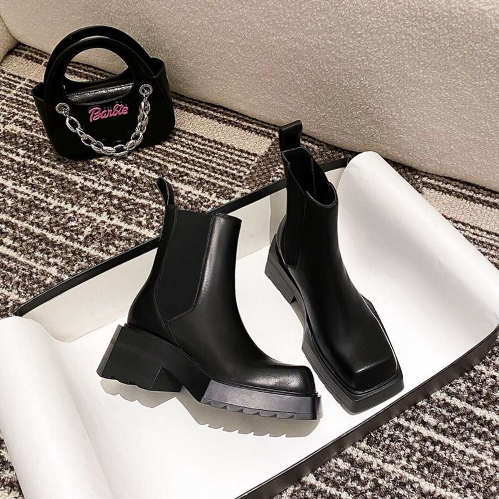 Genuine Leather Ankle Chunky Heel Square Toe High Heeled Fashion Designer Boots For Women Botas Mujer