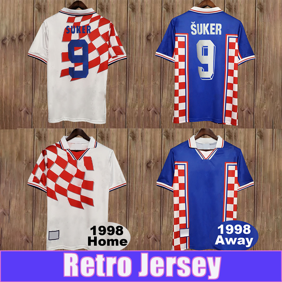 1998 SUKER Mens RETRO Soccer Jerseys National Team Home White Red Away Blue Vintage Football Shirt Short Sleeve Adult Uniforms