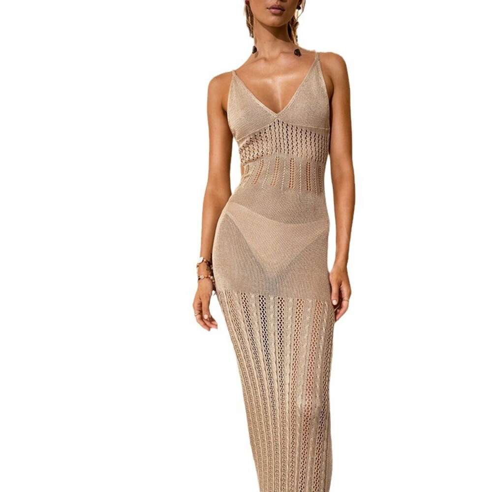 2024 New Beach Skirt Womens Solid Color Sexy Knitted Hollow Beach Bikini Swimsuit Cover Up Sun Protection Clothing
