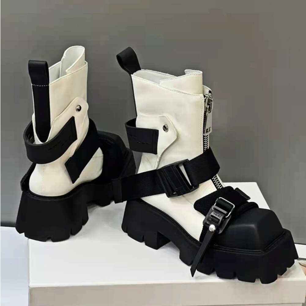 Genuine Leather Women 2024 Tube Platform Belt Buckle Design Cool Biker Botas Square Thick Bottom Head Ankle Boots