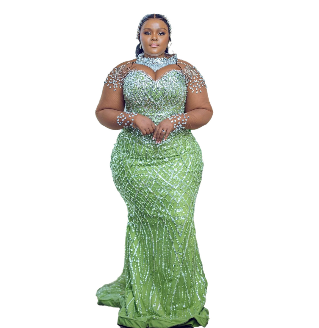2024 Aso Ebi Plus Size Green Mermaid Prom Dress Crystals Sequined Evening Formal Party Second Reception 50th Birthday Engagement Thanksgiving Gowns Dr
