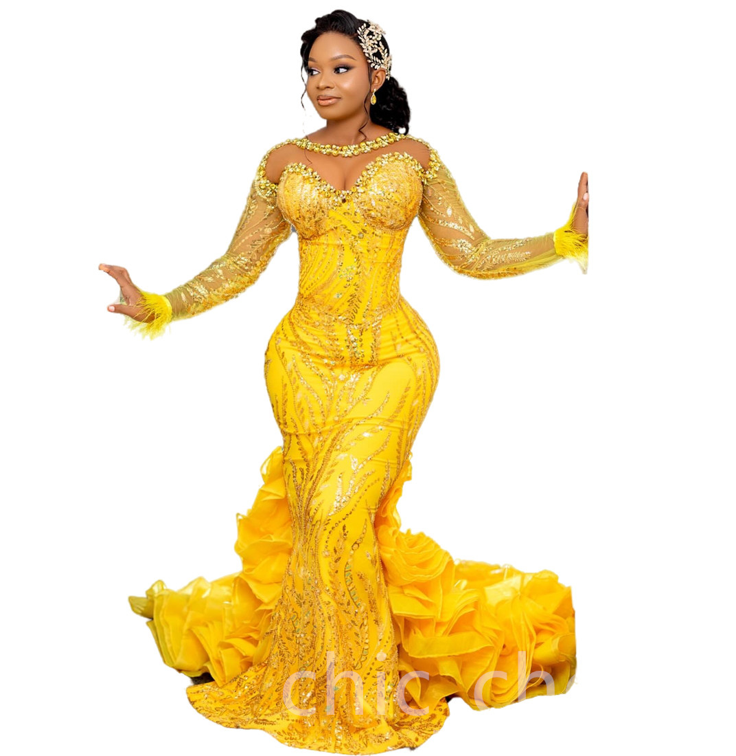 2024 Aso Ebi Plus Size Yellow Mermaid Prom Dress Lace Crystals Evening Formal Party Second Reception 50th Birthday Engagement Thanksgiving Gowns Dress