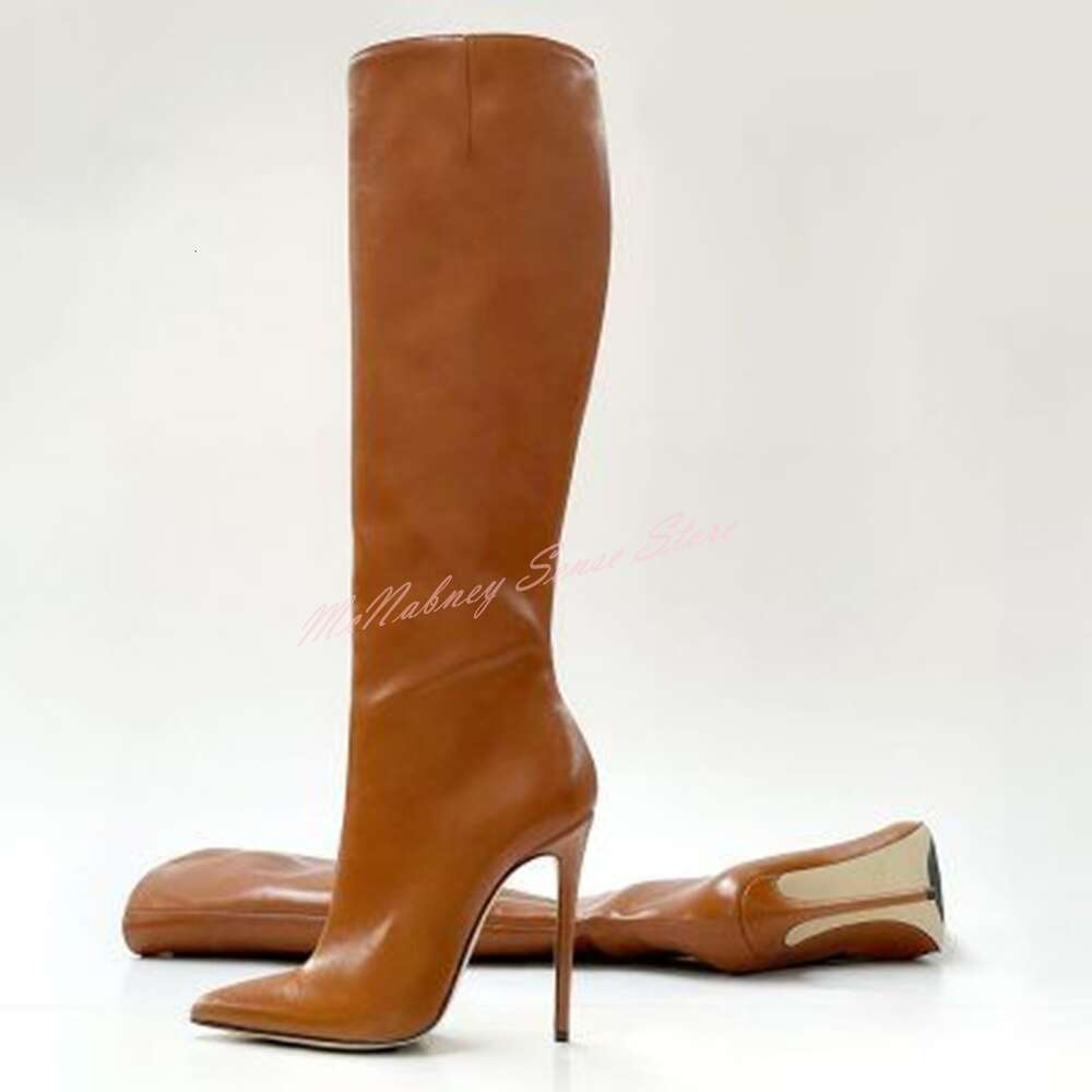 Genuine Leather Pointed Stiletto Heels Solid Knee High Boots Slip On Women Sexy Designer Winter Autumn Casual Shoes